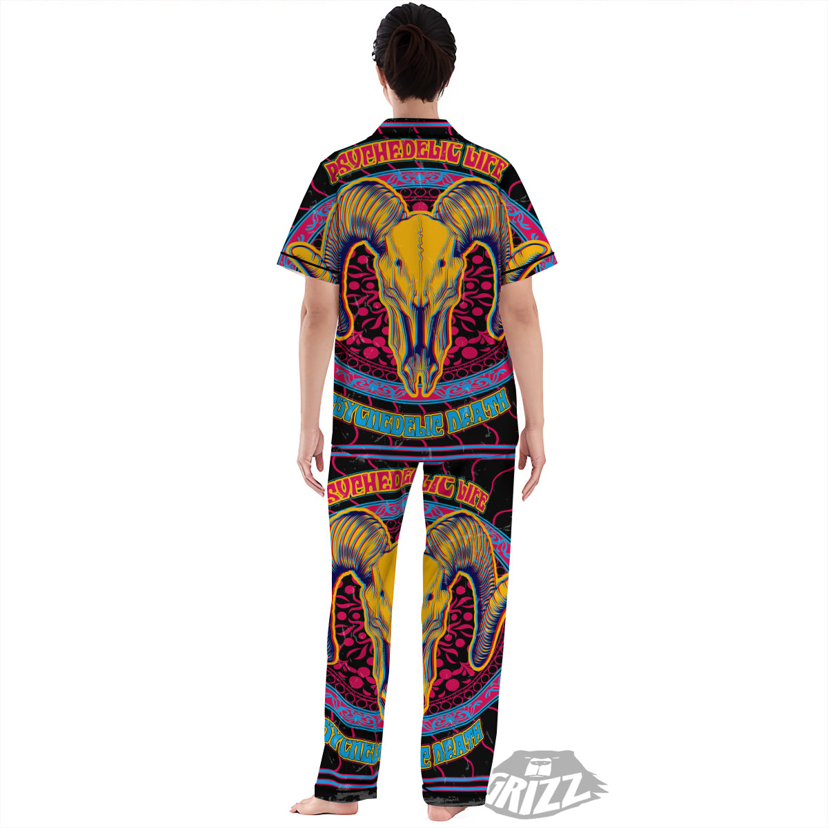 Psychedelic And Ram Skull Print Women's Pajamas Set-grizzshop