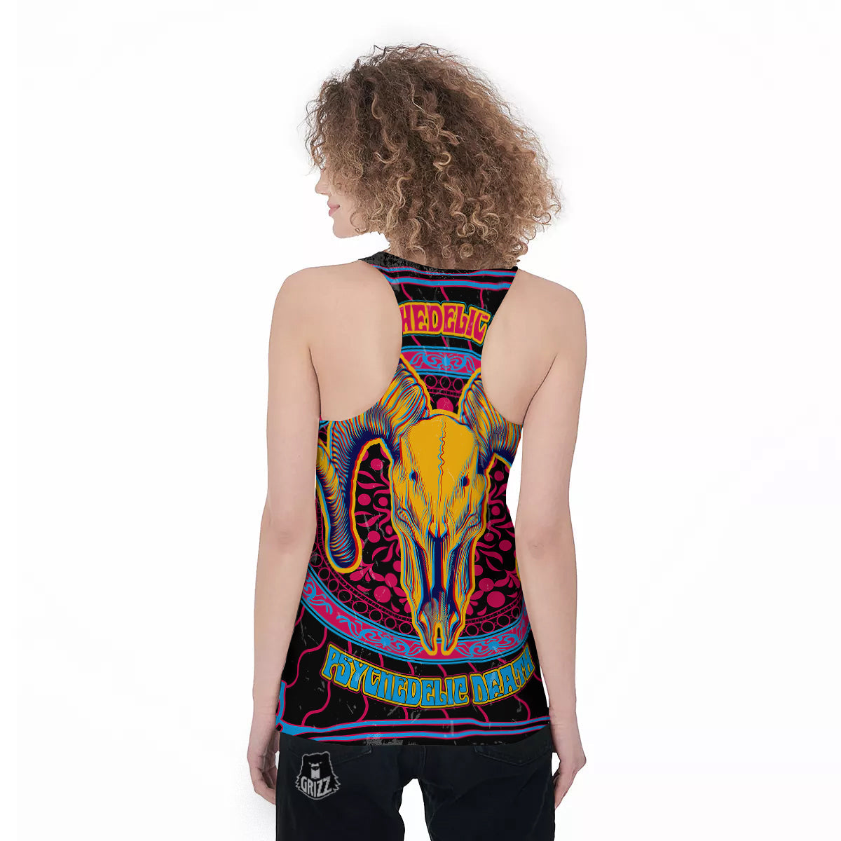 Psychedelic And Ram Skull Print Women's Racerback Tank Top-grizzshop