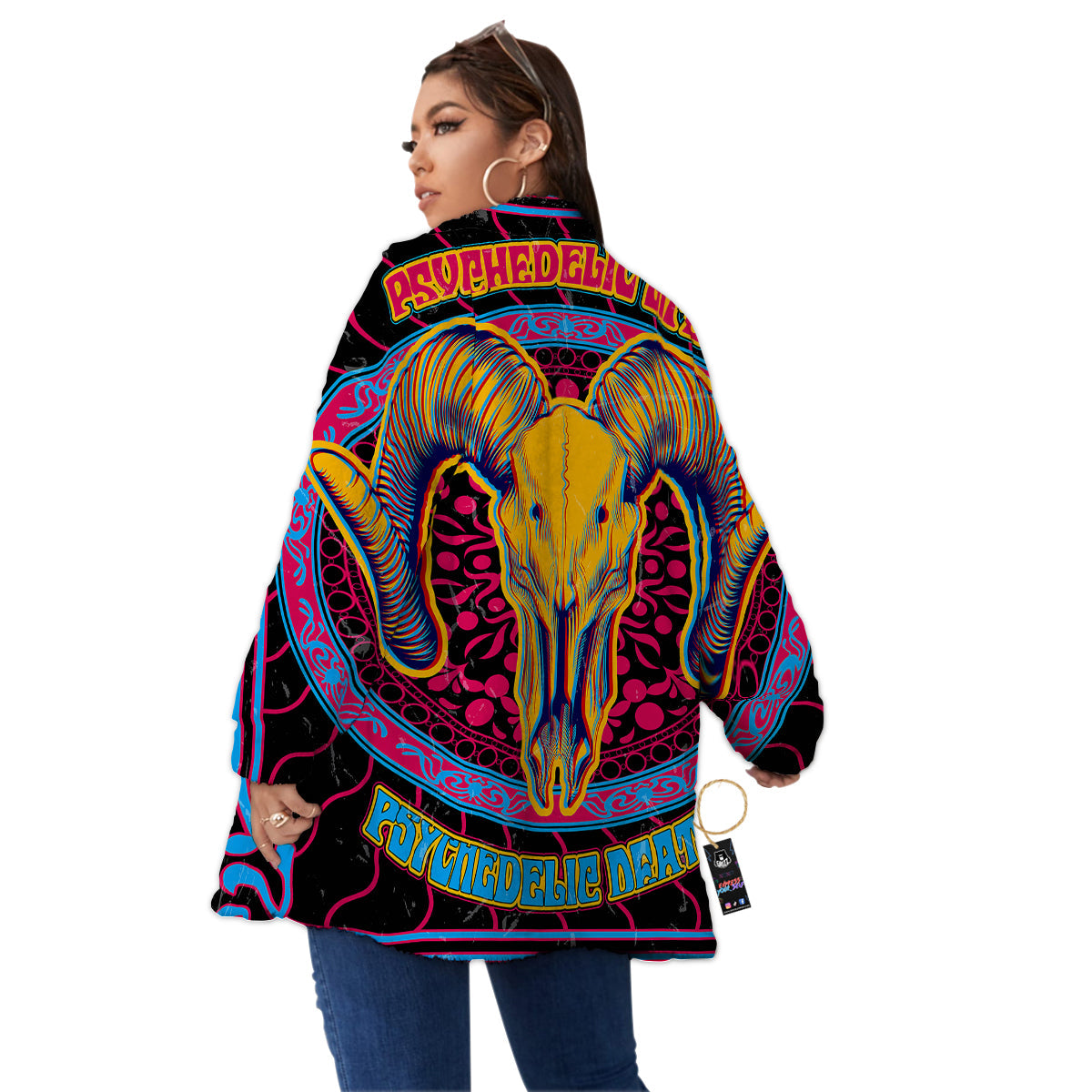 Psychedelic And Ram Skull Print Women's Sherpa Jacket-grizzshop