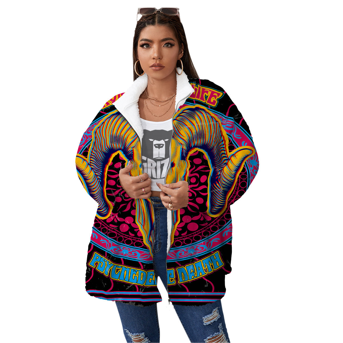 Psychedelic And Ram Skull Print Women's Sherpa Jacket-grizzshop