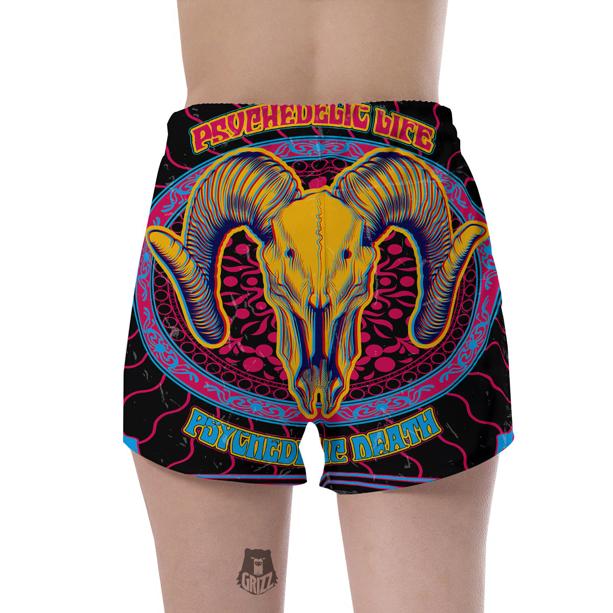 Psychedelic And Ram Skull Print Women's Shorts-grizzshop