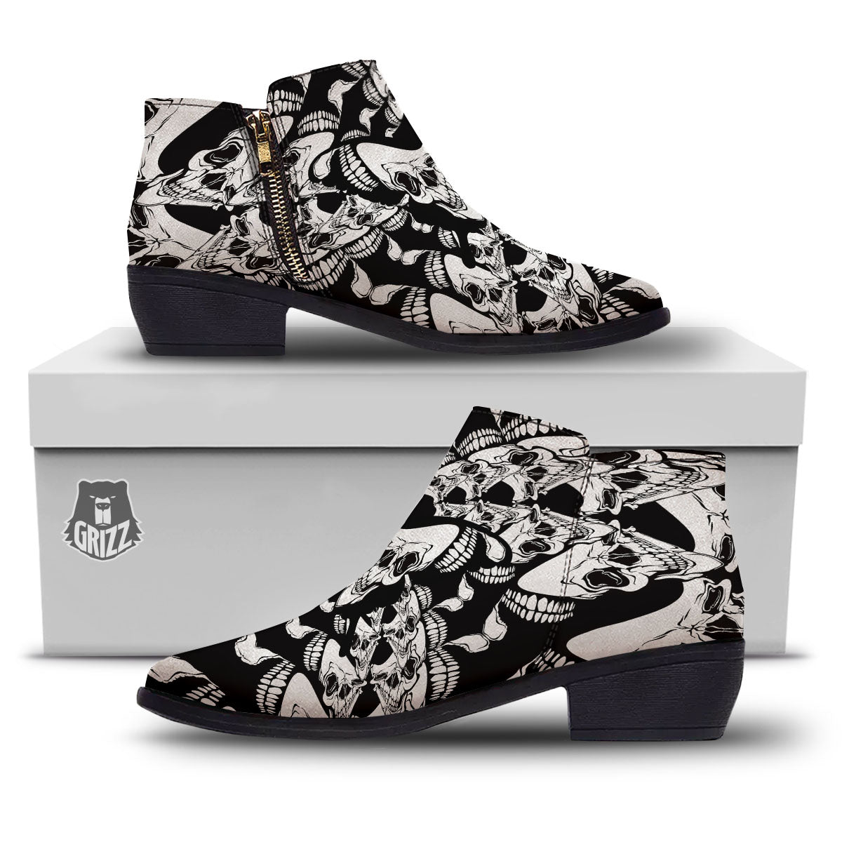 Psychedelic Black And White Skull Print Ankle Boots-grizzshop