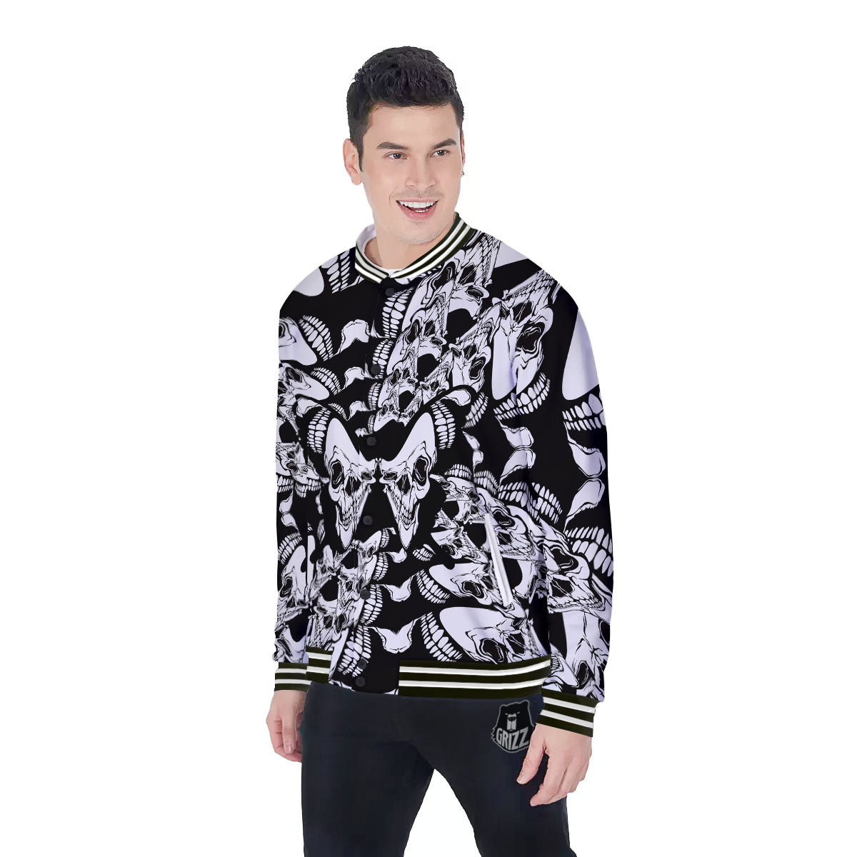 Psychedelic Black And White Skull Print Baseball Jacket-grizzshop