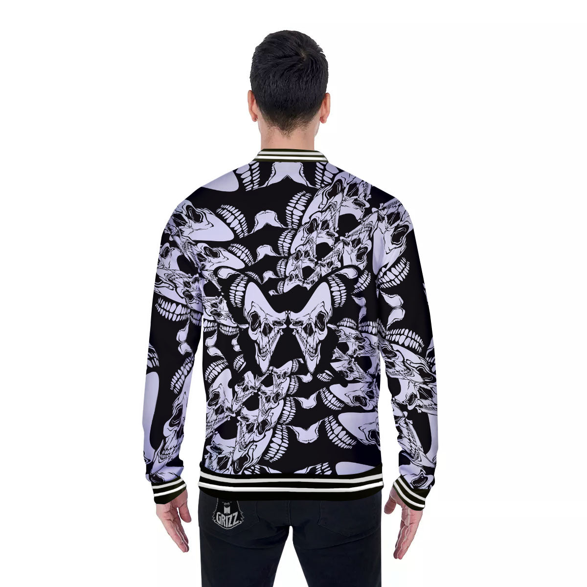 Psychedelic Black And White Skull Print Baseball Jacket-grizzshop