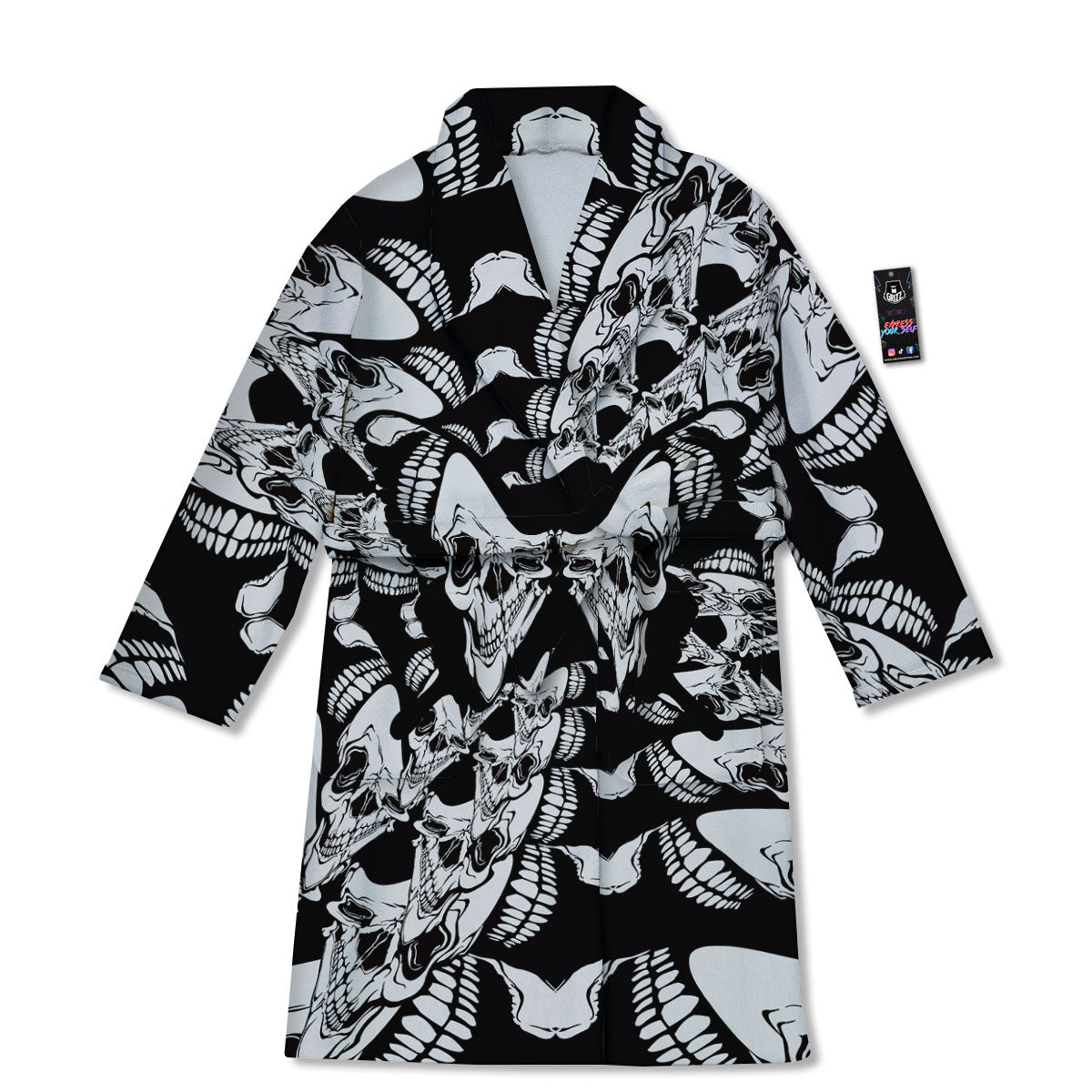 Psychedelic Black And White Skull Print Bathrobe-grizzshop