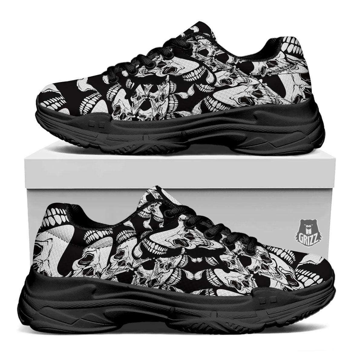 Psychedelic Black And White Skull Print Black Chunky Shoes-grizzshop