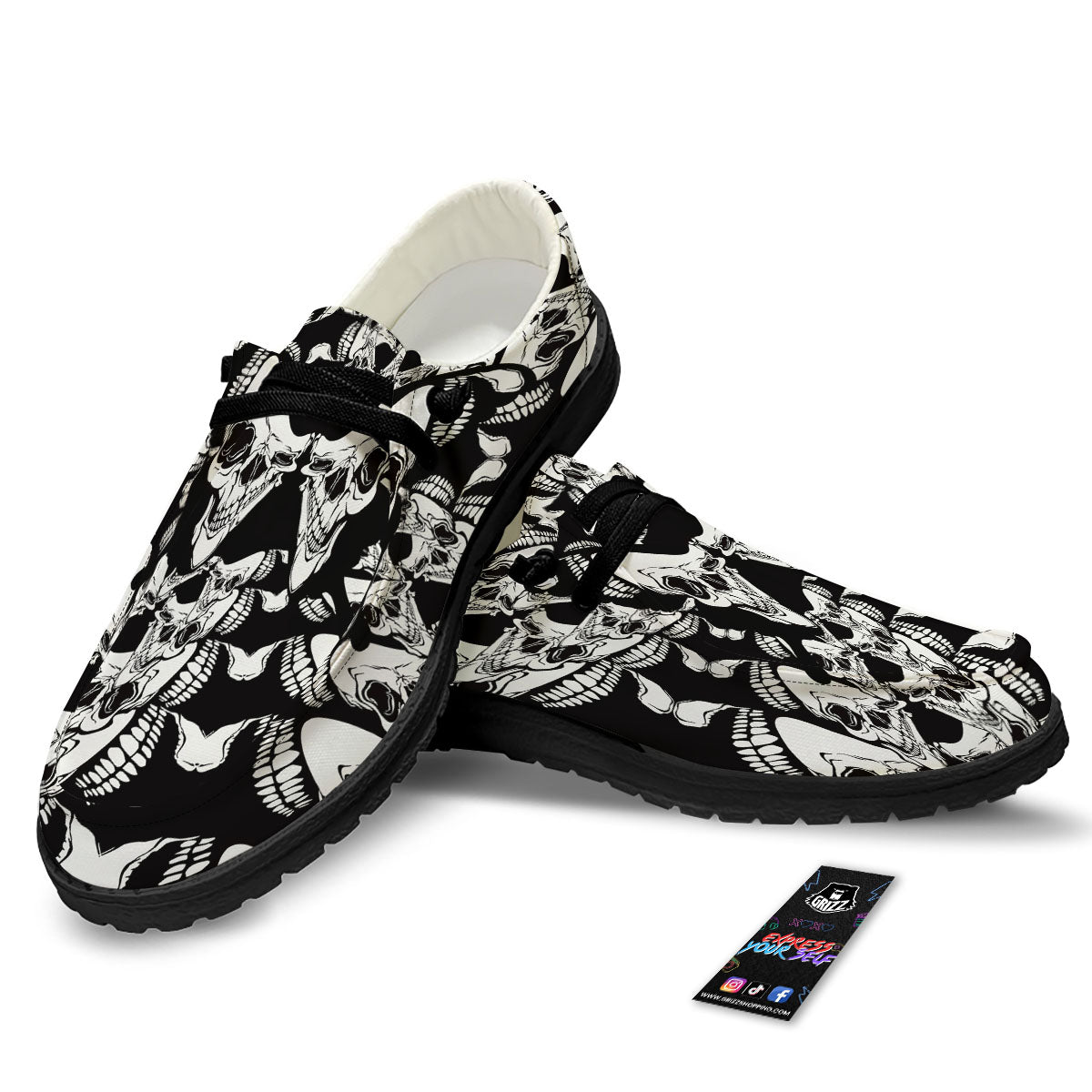 Psychedelic Black And White Skull Print Black Loafers-grizzshop