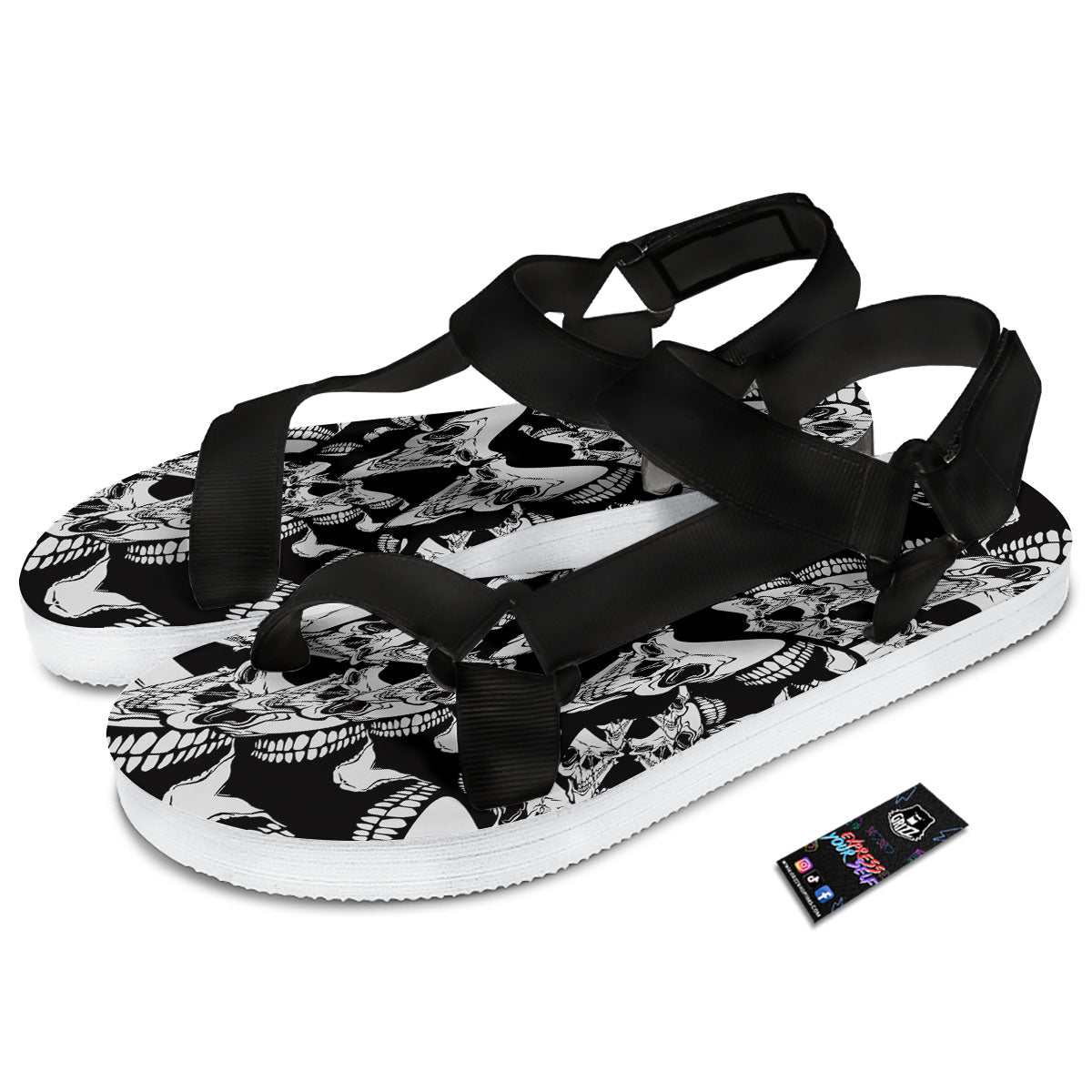 Psychedelic Black And White Skull Print Black Open Toe Sandals-grizzshop