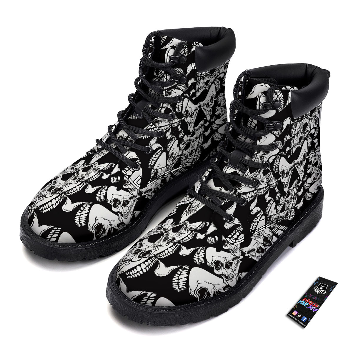 Psychedelic Black And White Skull Print Boots-grizzshop