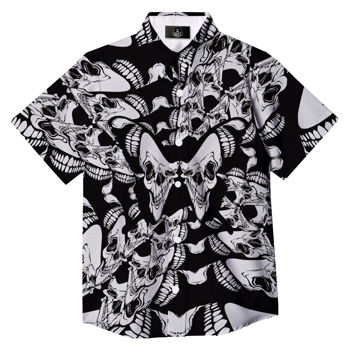 Psychedelic Black And White Skull Print Button Up Shirt-grizzshop