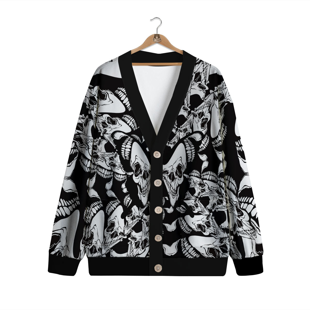 Psychedelic Black And White Skull Print Cardigan-grizzshop