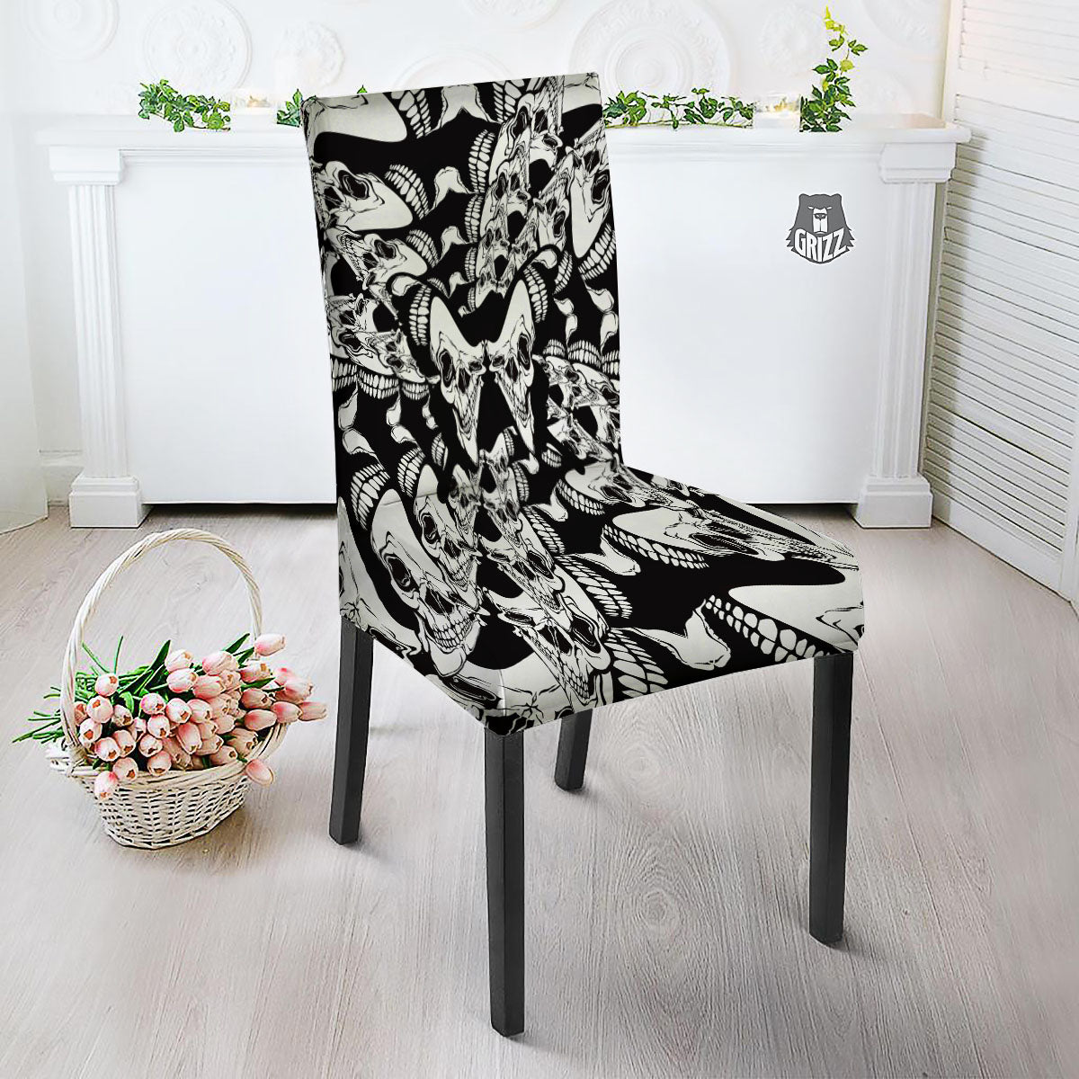 Psychedelic Black And White Skull Print Dining Chair Slipcover-grizzshop
