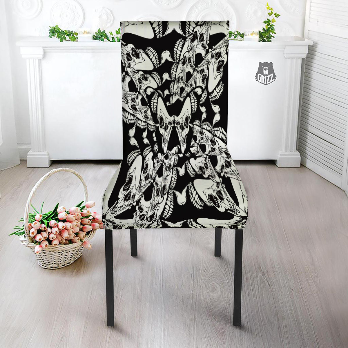 Psychedelic Black And White Skull Print Dining Chair Slipcover-grizzshop