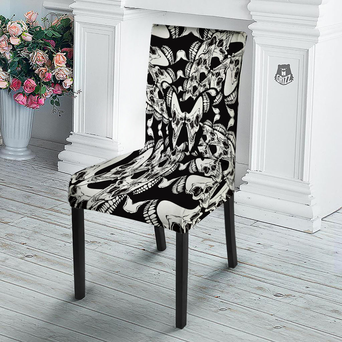 Psychedelic Black And White Skull Print Dining Chair Slipcover-grizzshop
