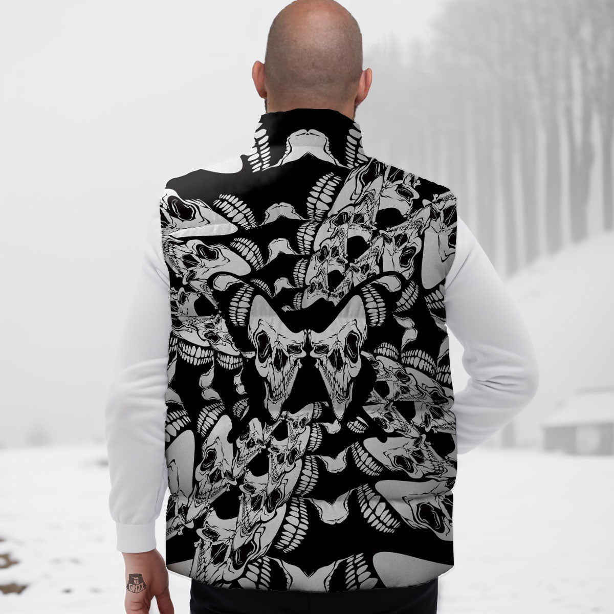 Psychedelic Black And White Skull Print Down Vest