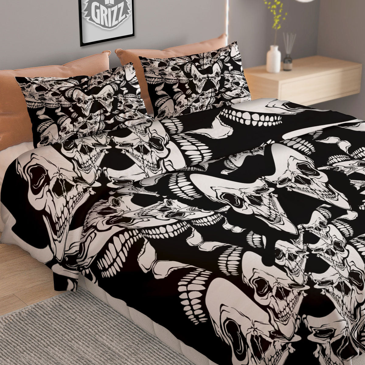 Psychedelic Black And White Skull Print Duvet Cover Bedding Set