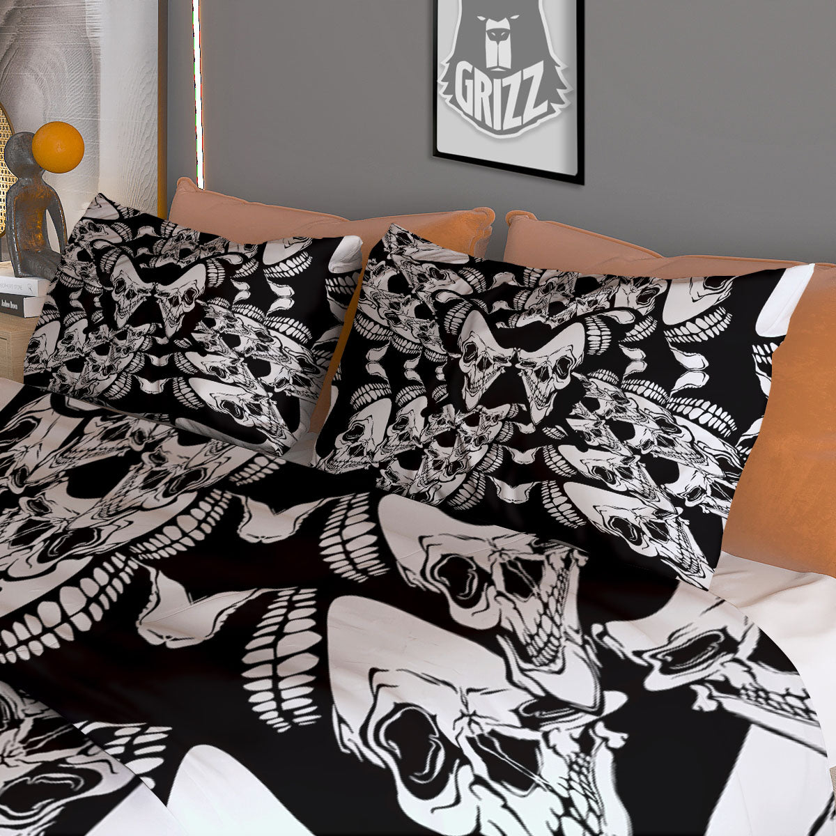 Psychedelic Black And White Skull Print Duvet Cover Bedding Set