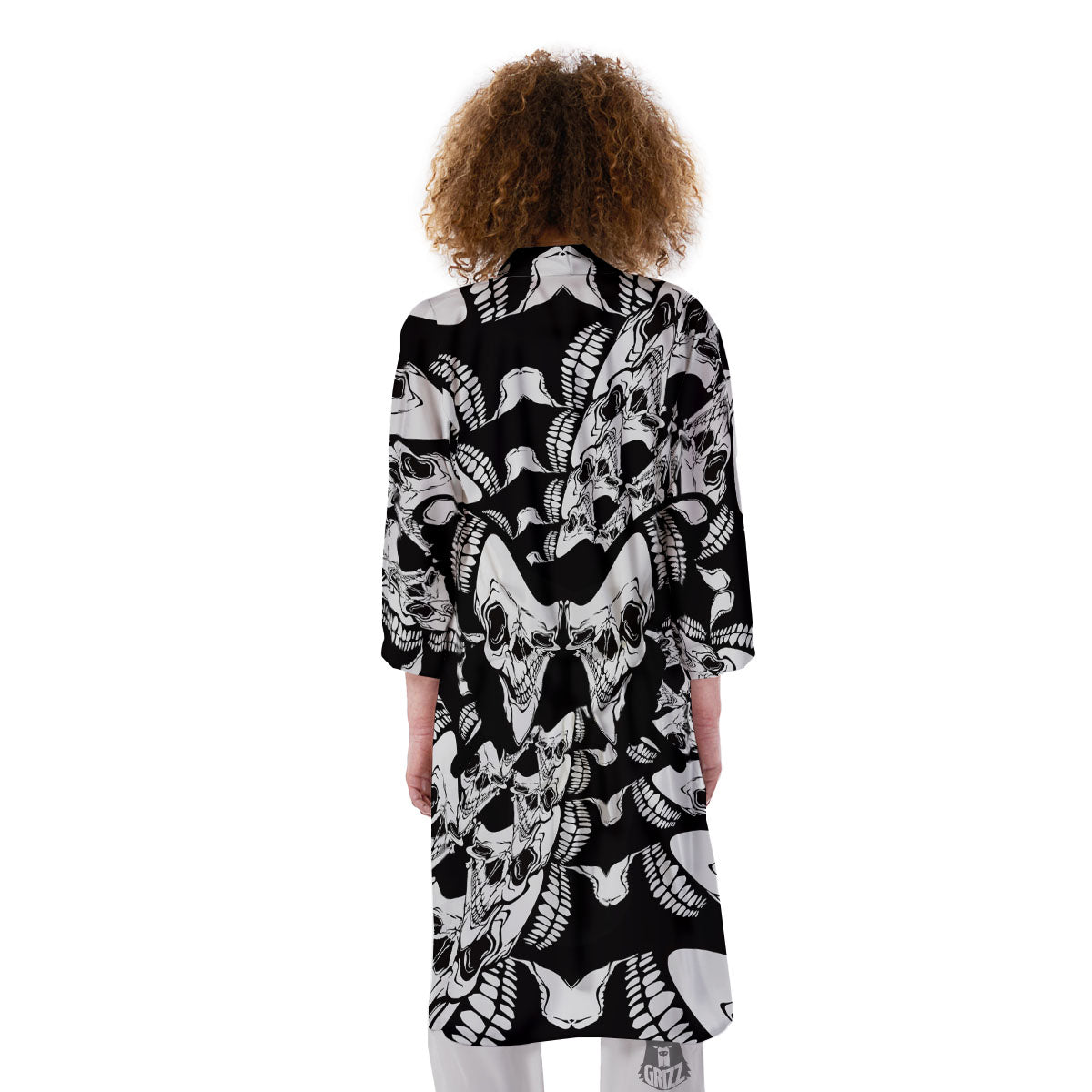 Psychedelic Black And White Skull Print Kimono-grizzshop