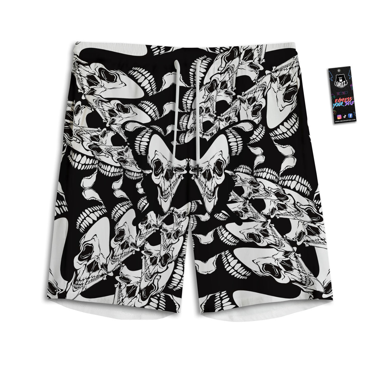 Psychedelic Black And White Skull Print Men's Athletic Shorts