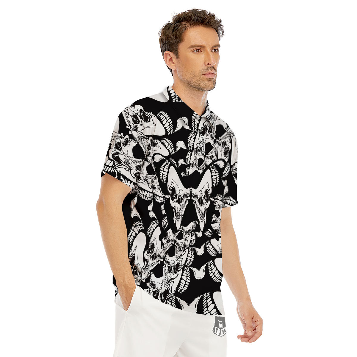 Psychedelic Black And White Skull Print Men's Golf Shirts-grizzshop
