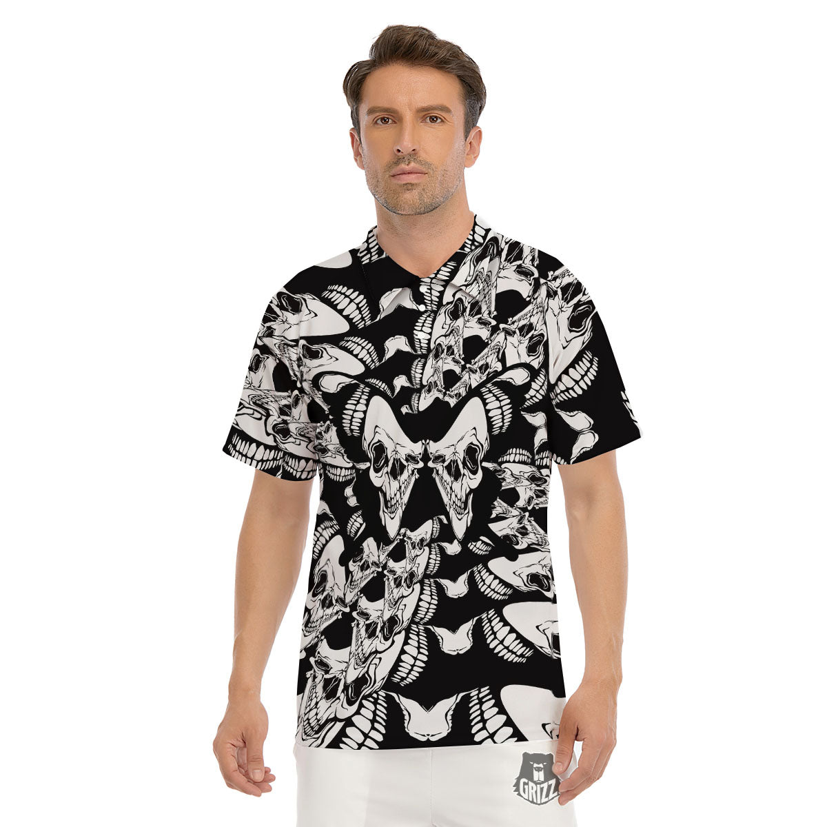 Psychedelic Black And White Skull Print Men's Golf Shirts-grizzshop