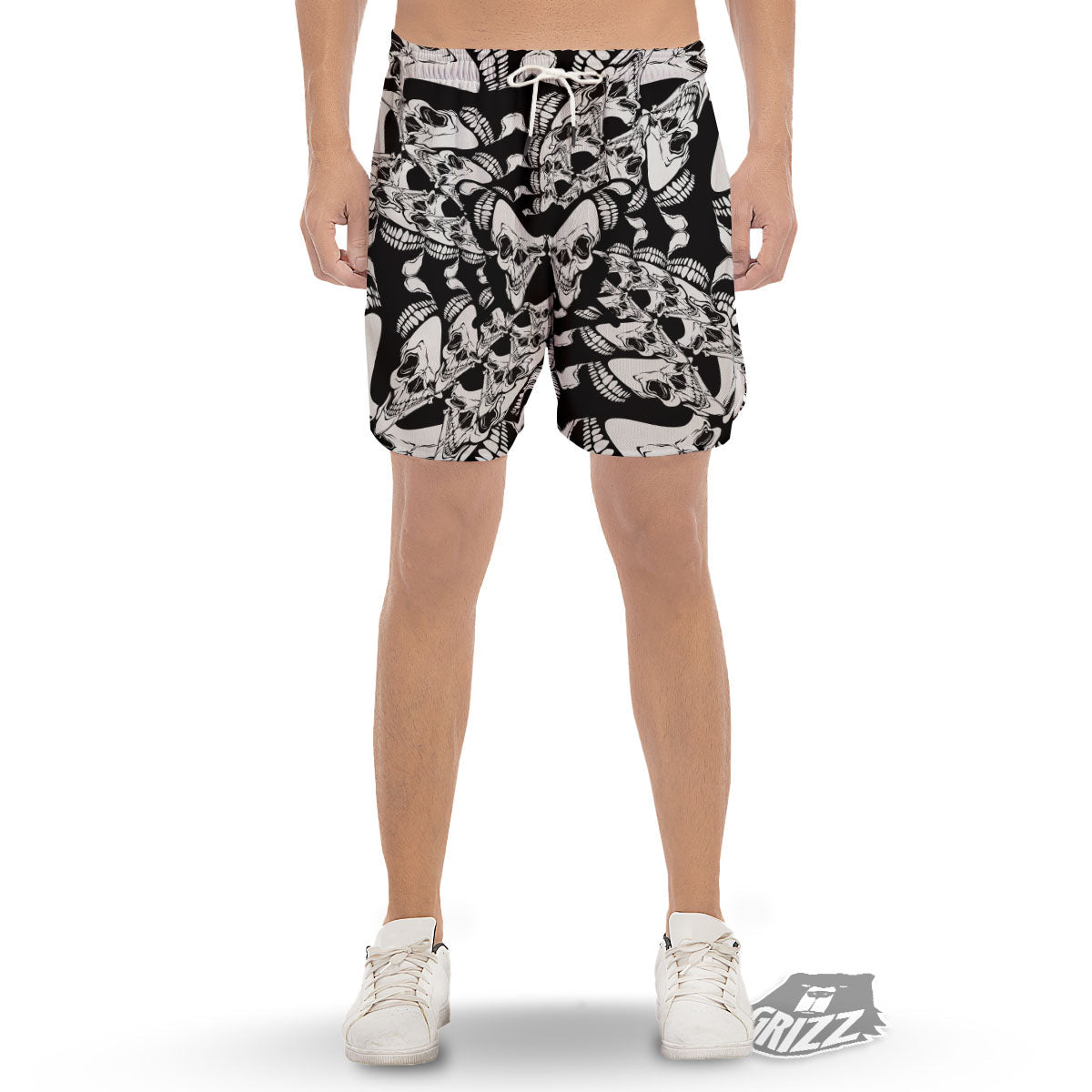 Psychedelic Black And White Skull Print Men's Gym Shorts-grizzshop
