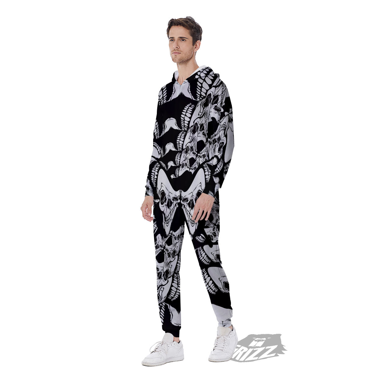 Psychedelic Black And White Skull Print Men's Jumpsuit-grizzshop