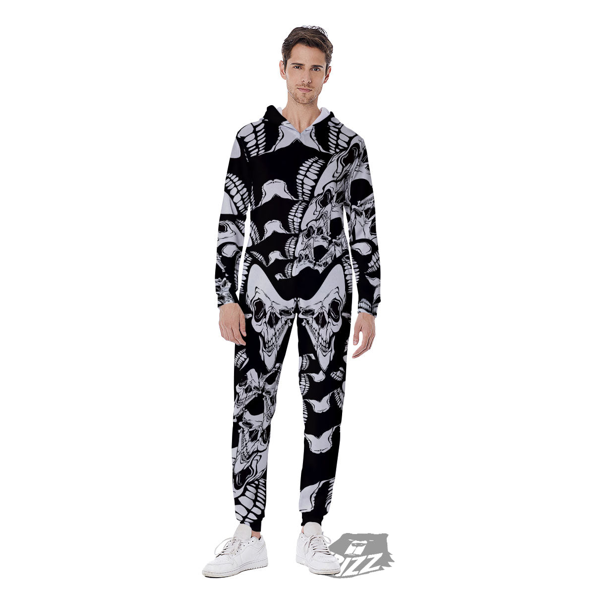 Psychedelic Black And White Skull Print Men's Jumpsuit-grizzshop