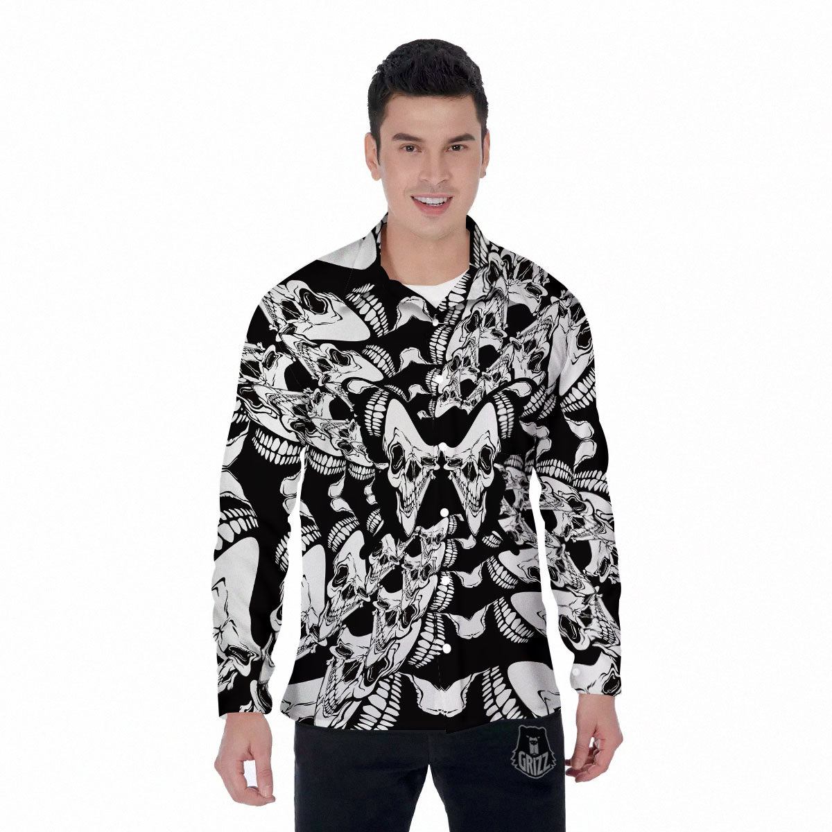 Psychedelic Black And White Skull Print Men's Long Sleeve Shirts-grizzshop