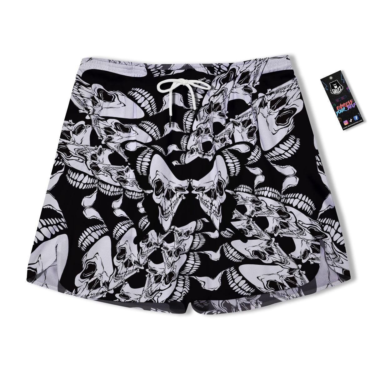 Psychedelic Black And White Skull Print Men's Running Shorts-grizzshop