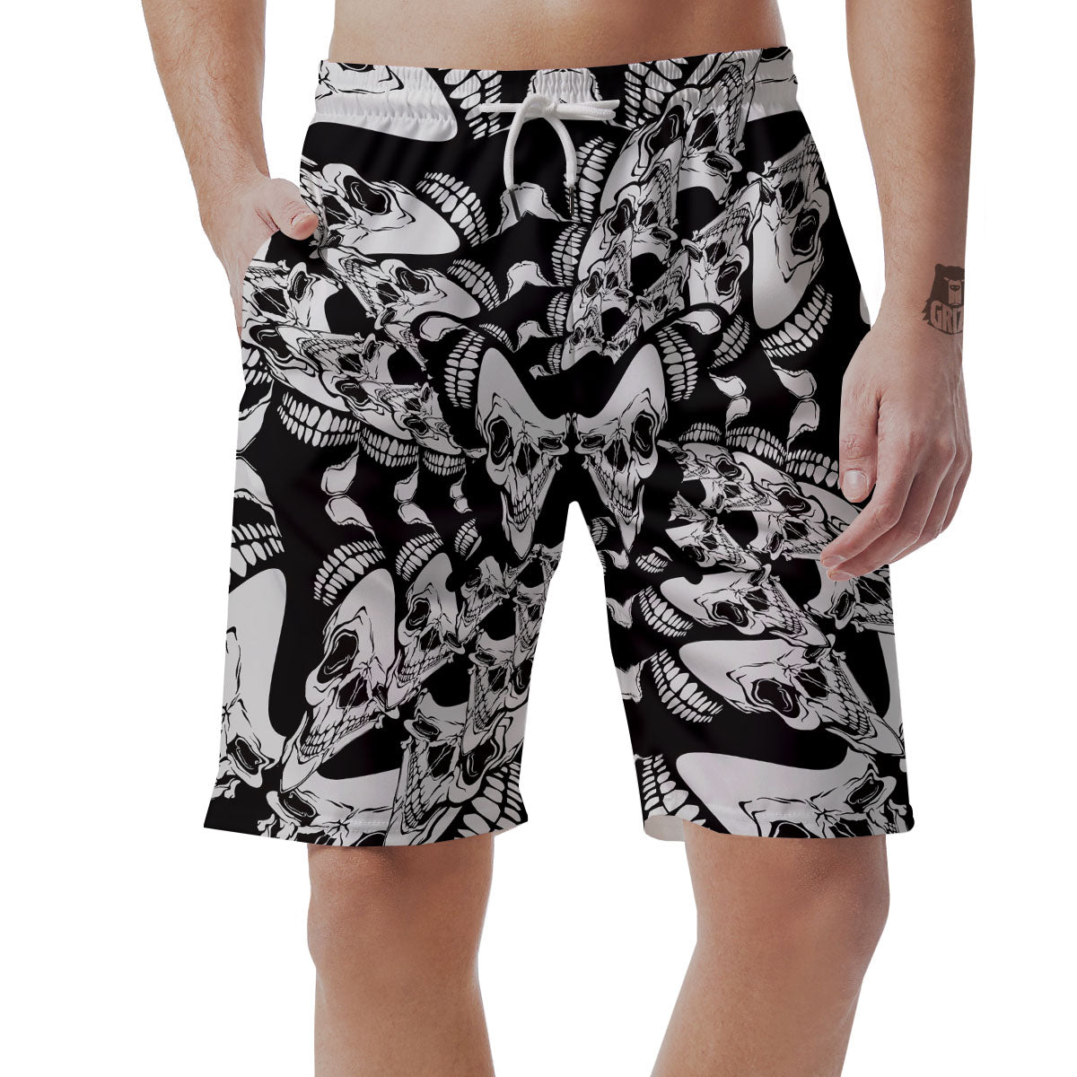 Psychedelic Black And White Skull Print Men's Shorts-grizzshop