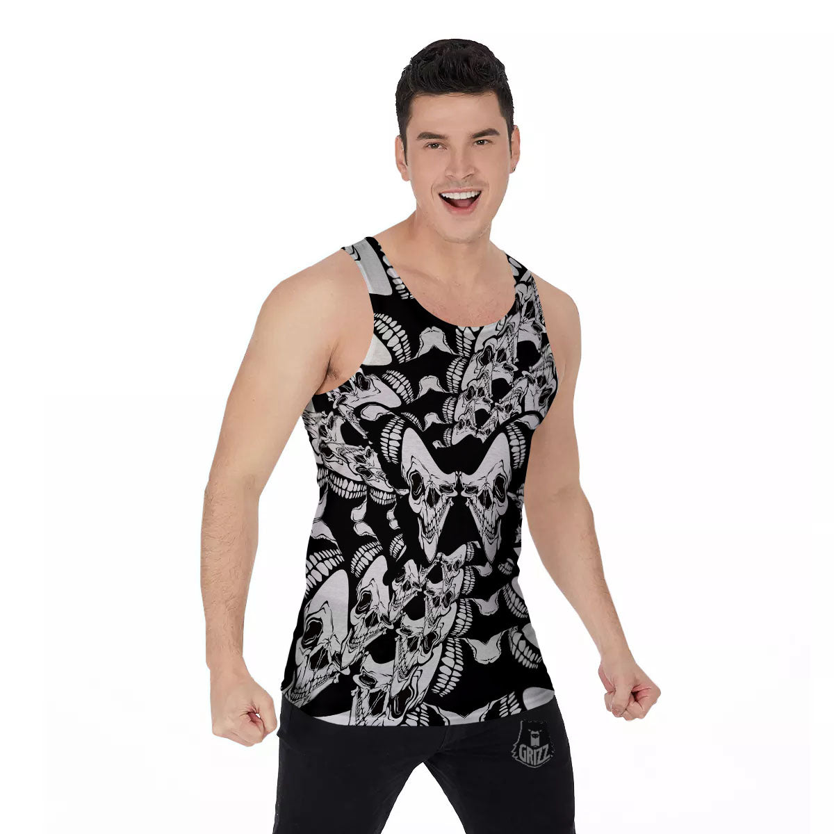 Psychedelic Black And White Skull Print Men's Tank Top-grizzshop