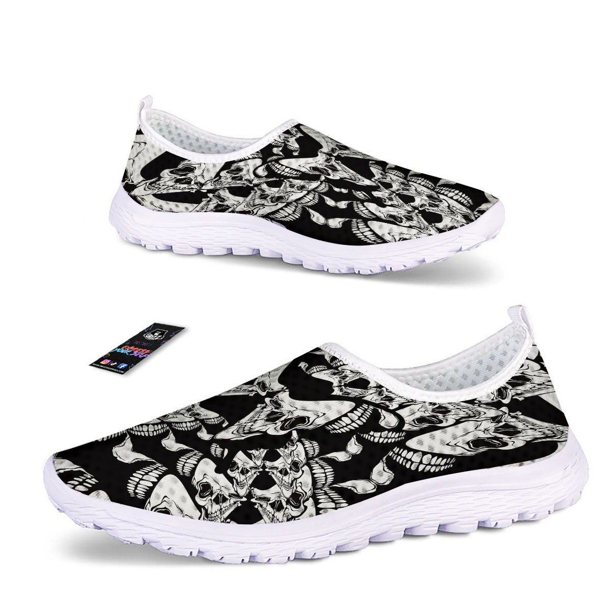 Psychedelic Black And White Skull Print Nurse Shoes-grizzshop