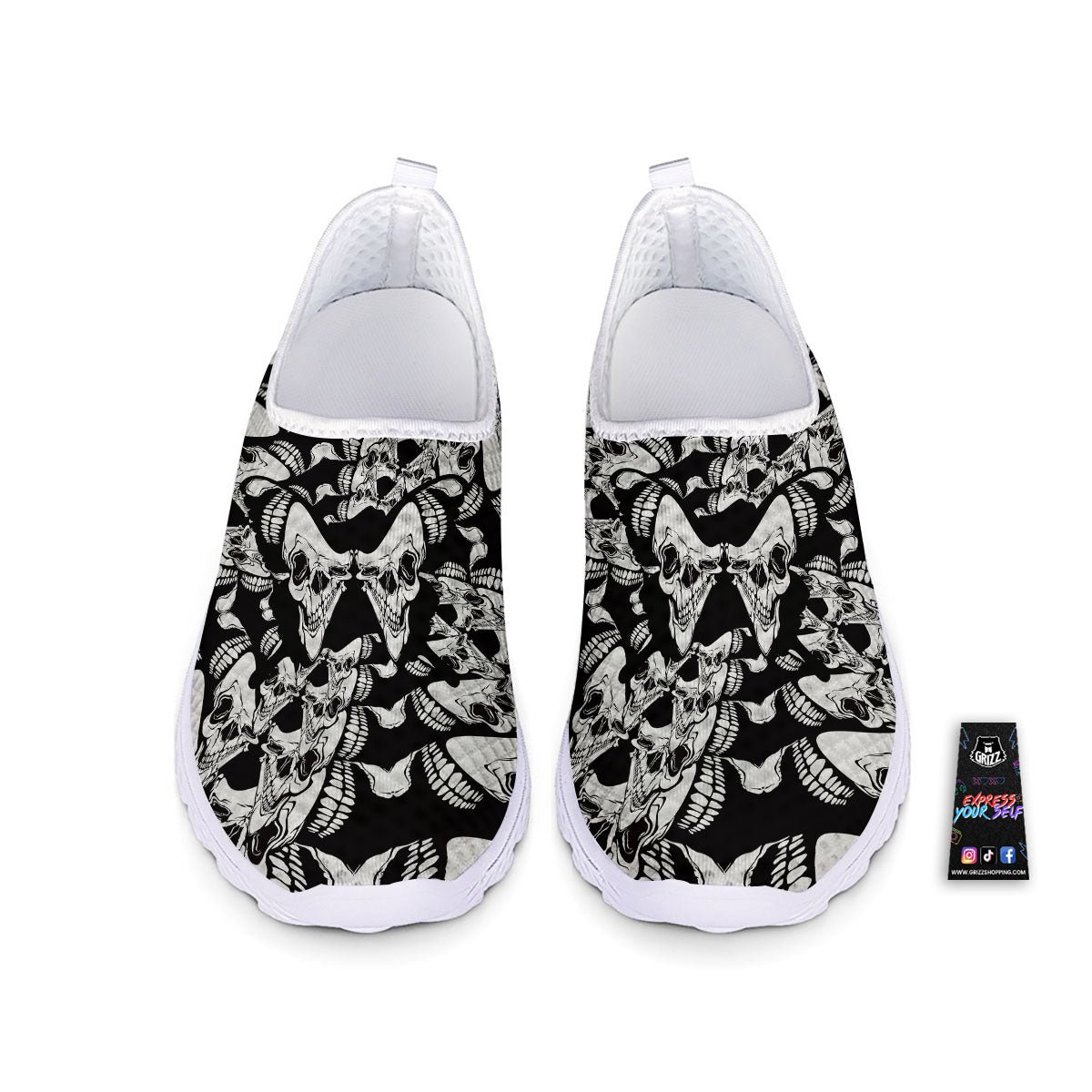 Psychedelic Black And White Skull Print Nurse Shoes-grizzshop