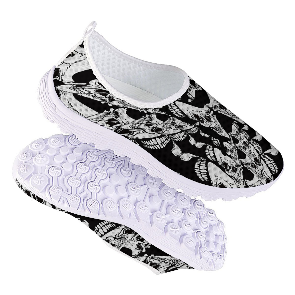 Psychedelic Black And White Skull Print Nurse Shoes-grizzshop
