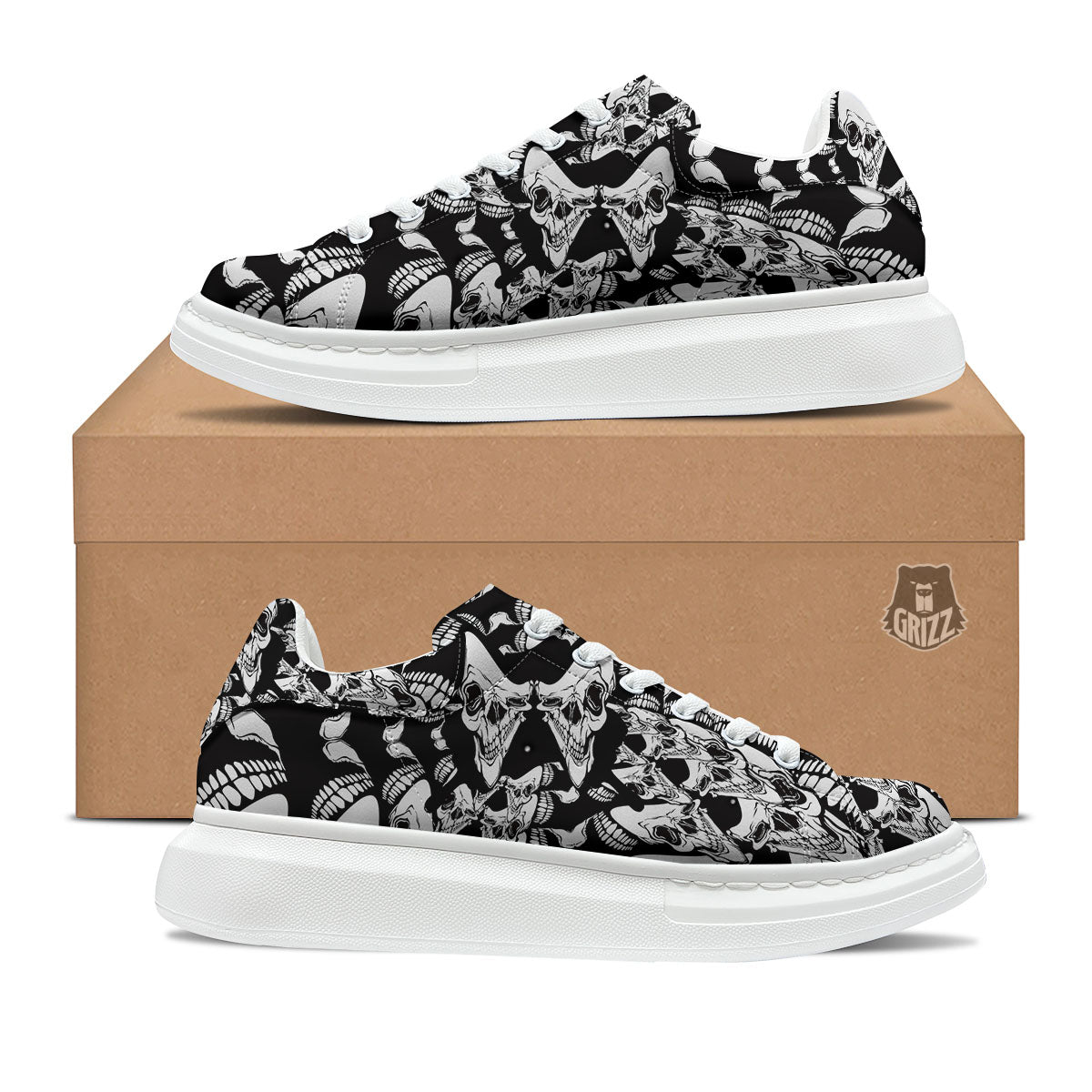 Psychedelic Black And White Skull Print Platform Shoes-grizzshop