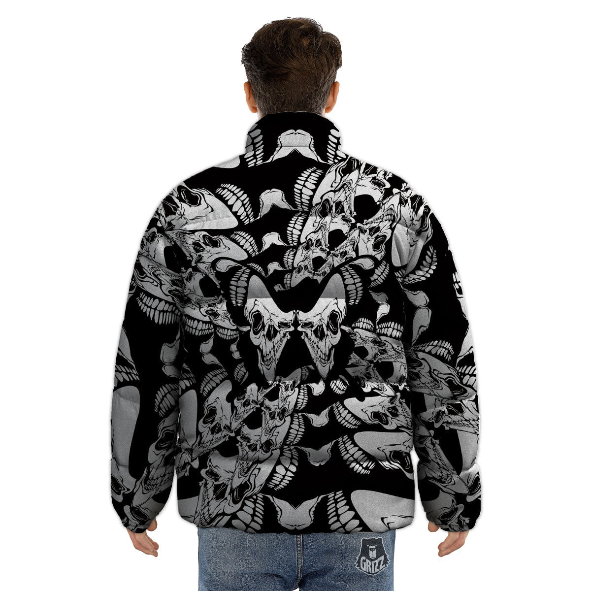 Psychedelic Black And White Skull Print Puffer Jacket-grizzshop