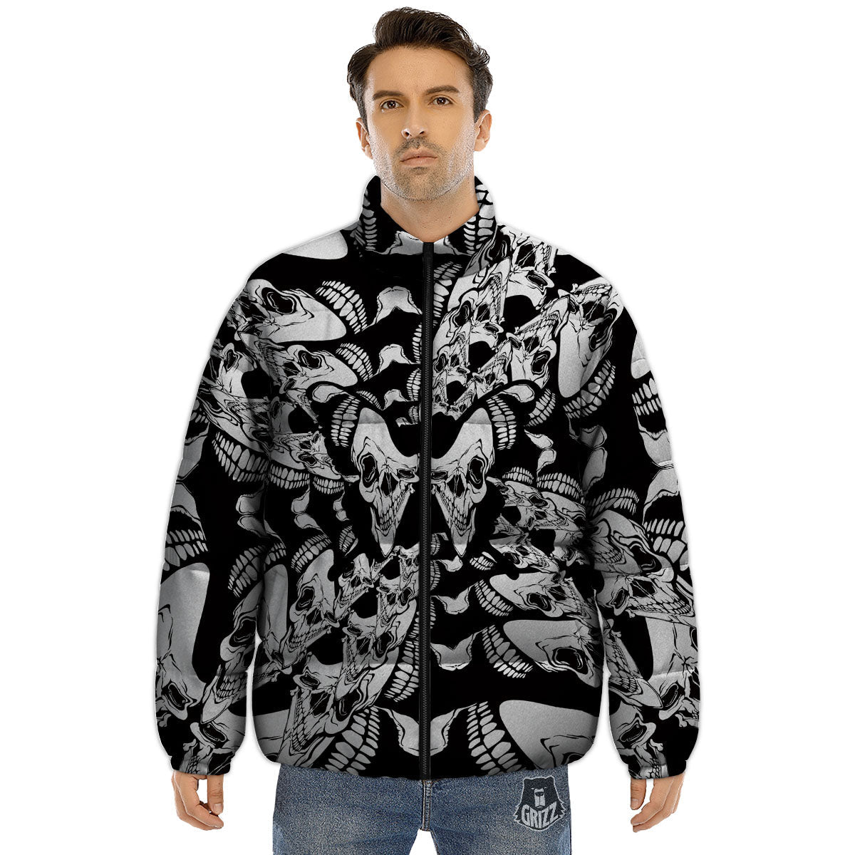Psychedelic Black And White Skull Print Puffer Jacket-grizzshop