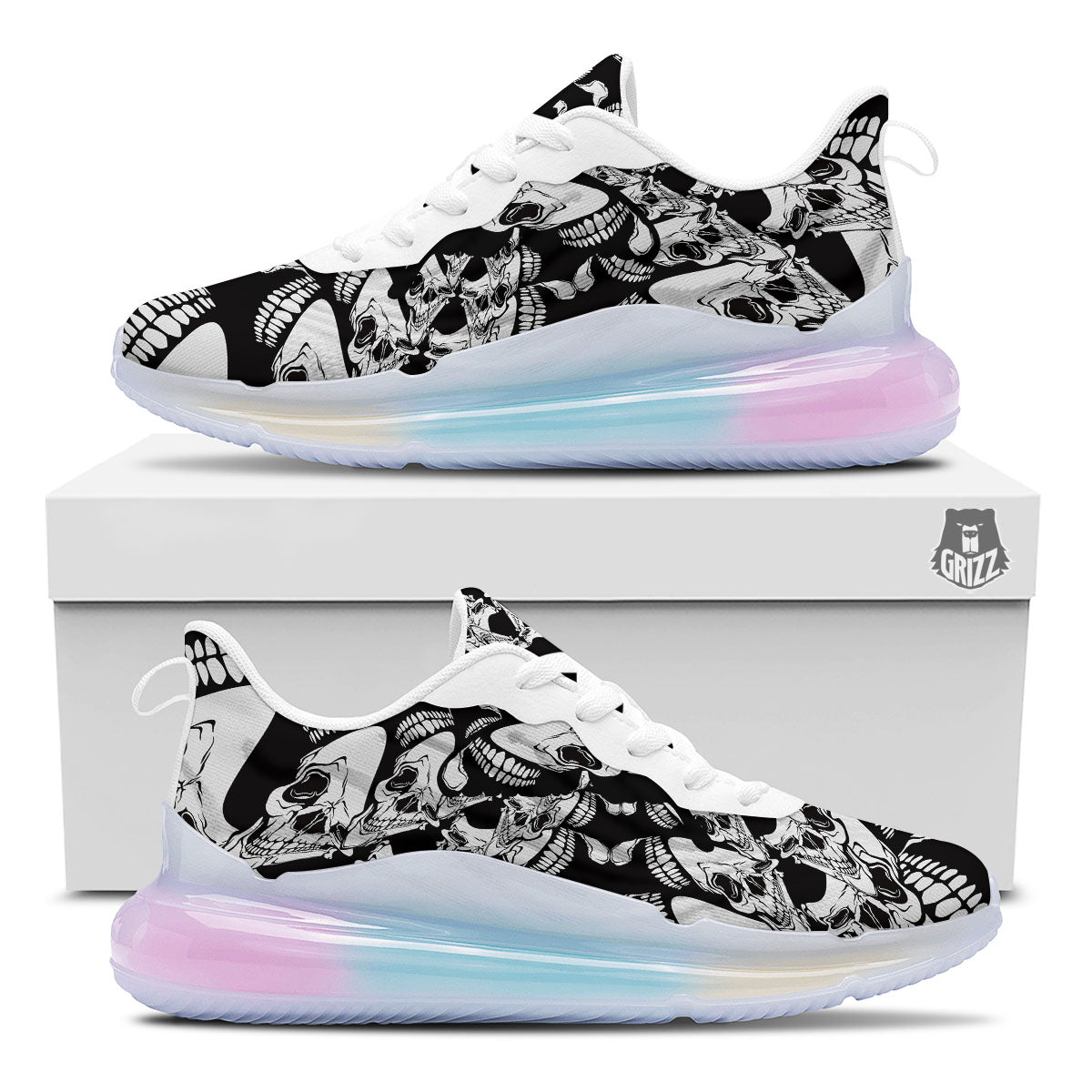 Psychedelic Black And White Skull Print Running Sneakers-grizzshop