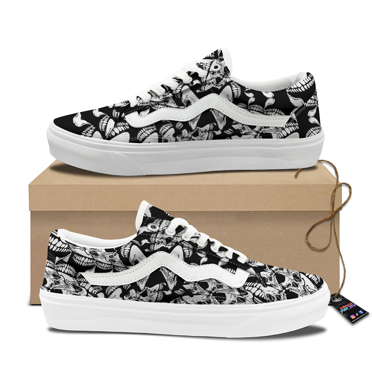 Psychedelic Black And White Skull Print Skate Shoes-grizzshop