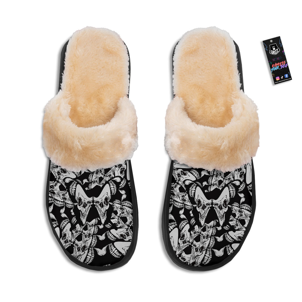 Psychedelic Black And White Skull Print Slippers-grizzshop