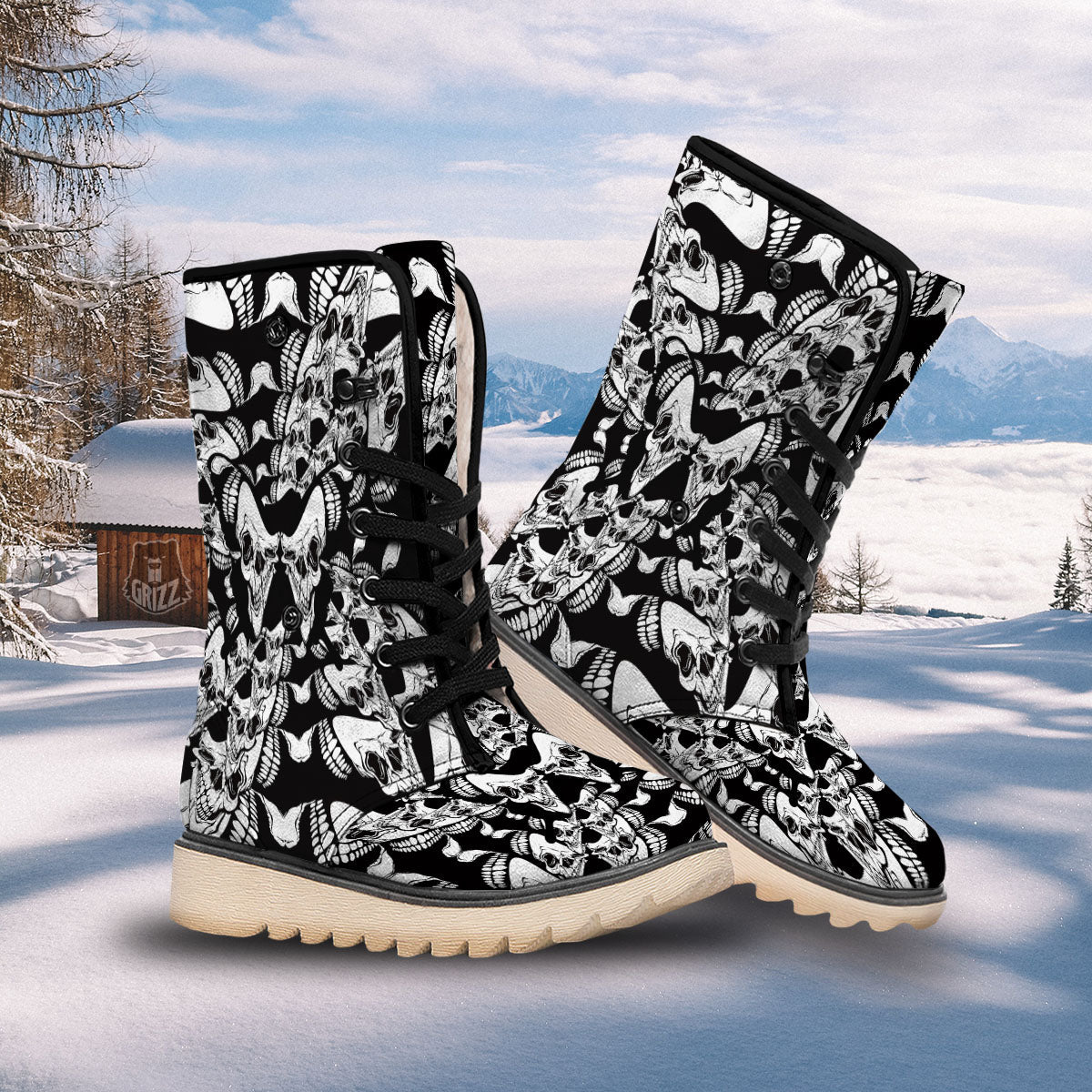 Psychedelic Black And White Skull Print Snow Boots-grizzshop