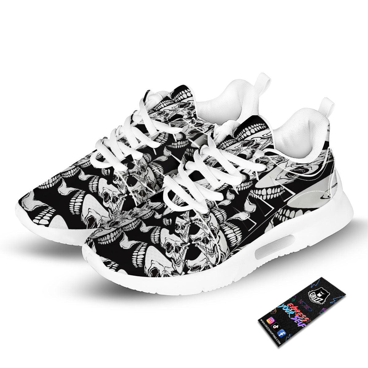 Psychedelic Black And White Skull Print Tennis Shoes-grizzshop