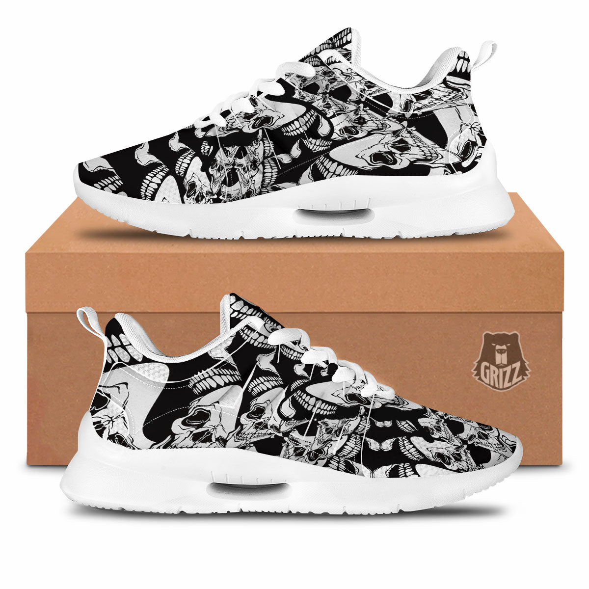 Psychedelic Black And White Skull Print Tennis Shoes-grizzshop
