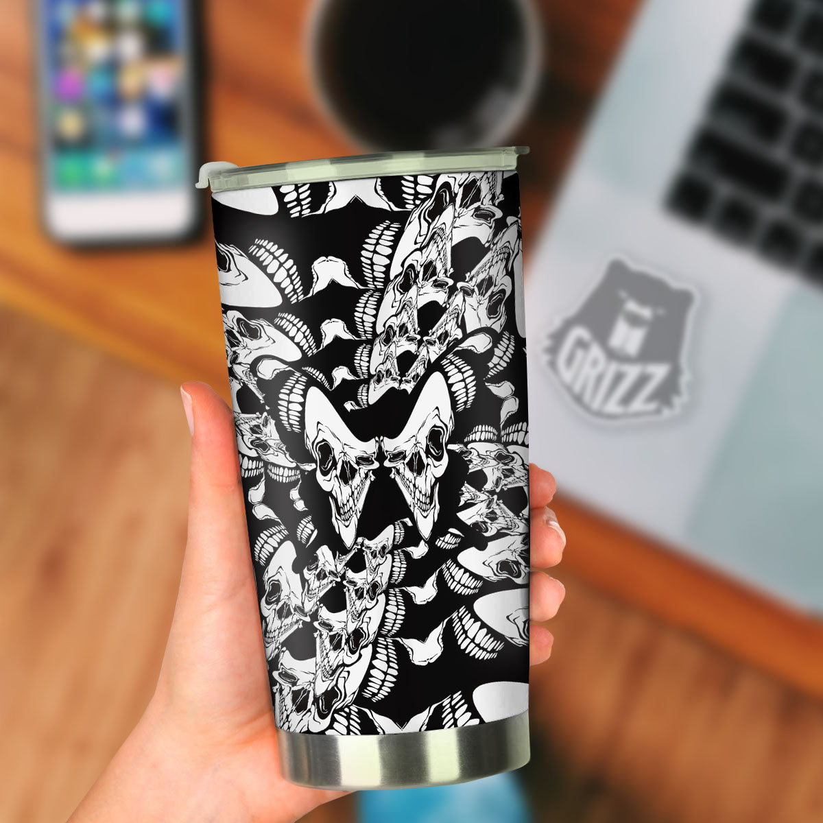 Psychedelic Black And White Skull Print Tumbler-grizzshop