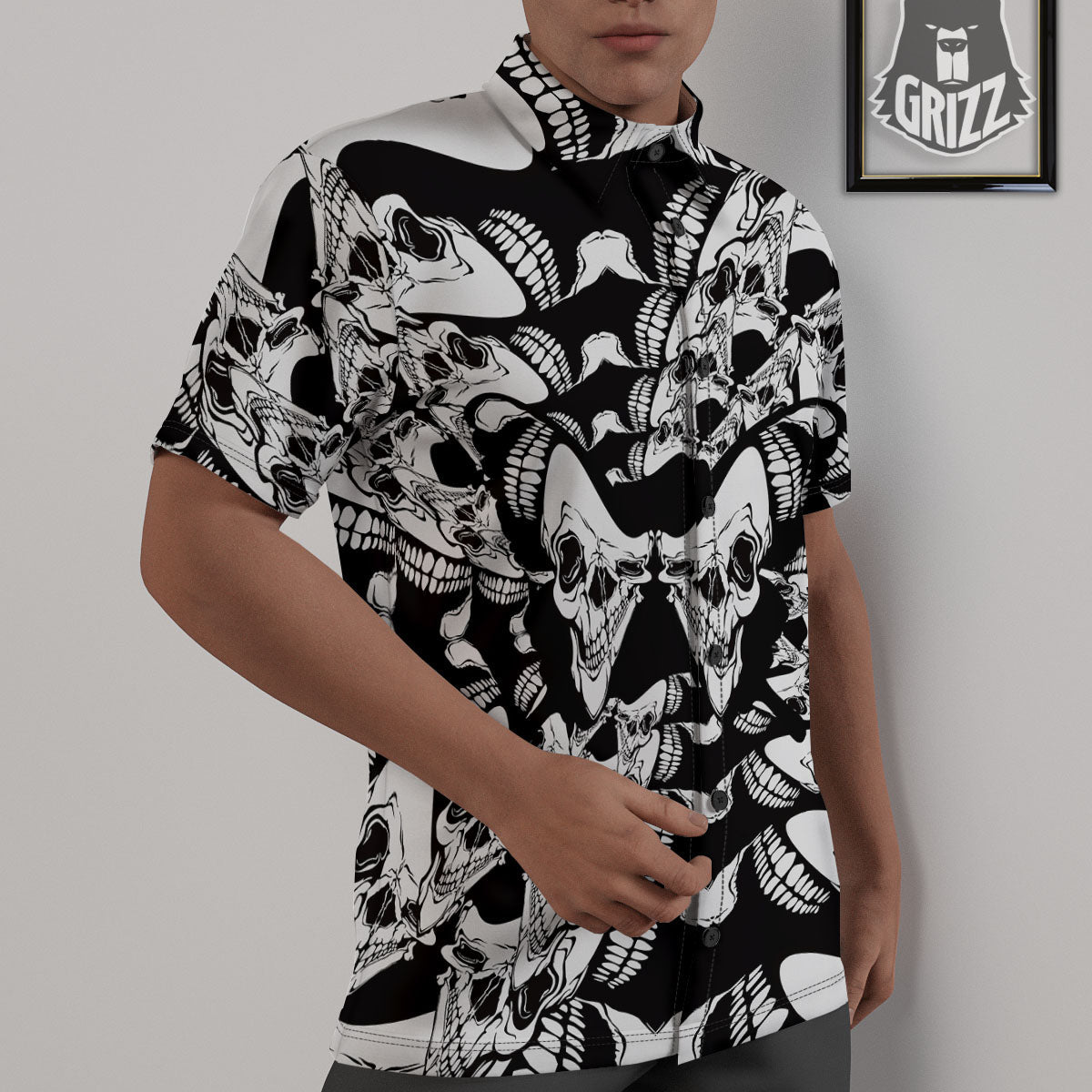 Psychedelic Black And White Skull Print Untucked Shirts-grizzshop