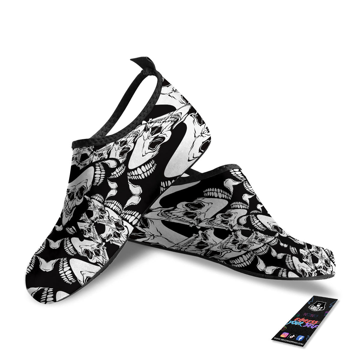 Psychedelic Black And White Skull Print Water Shoes-grizzshop
