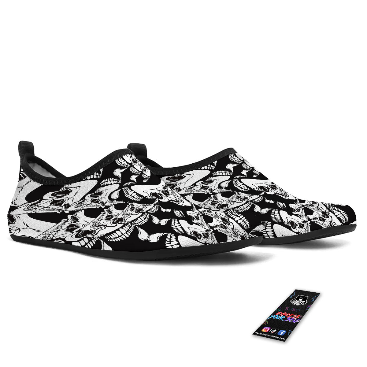 Psychedelic Black And White Skull Print Water Shoes-grizzshop