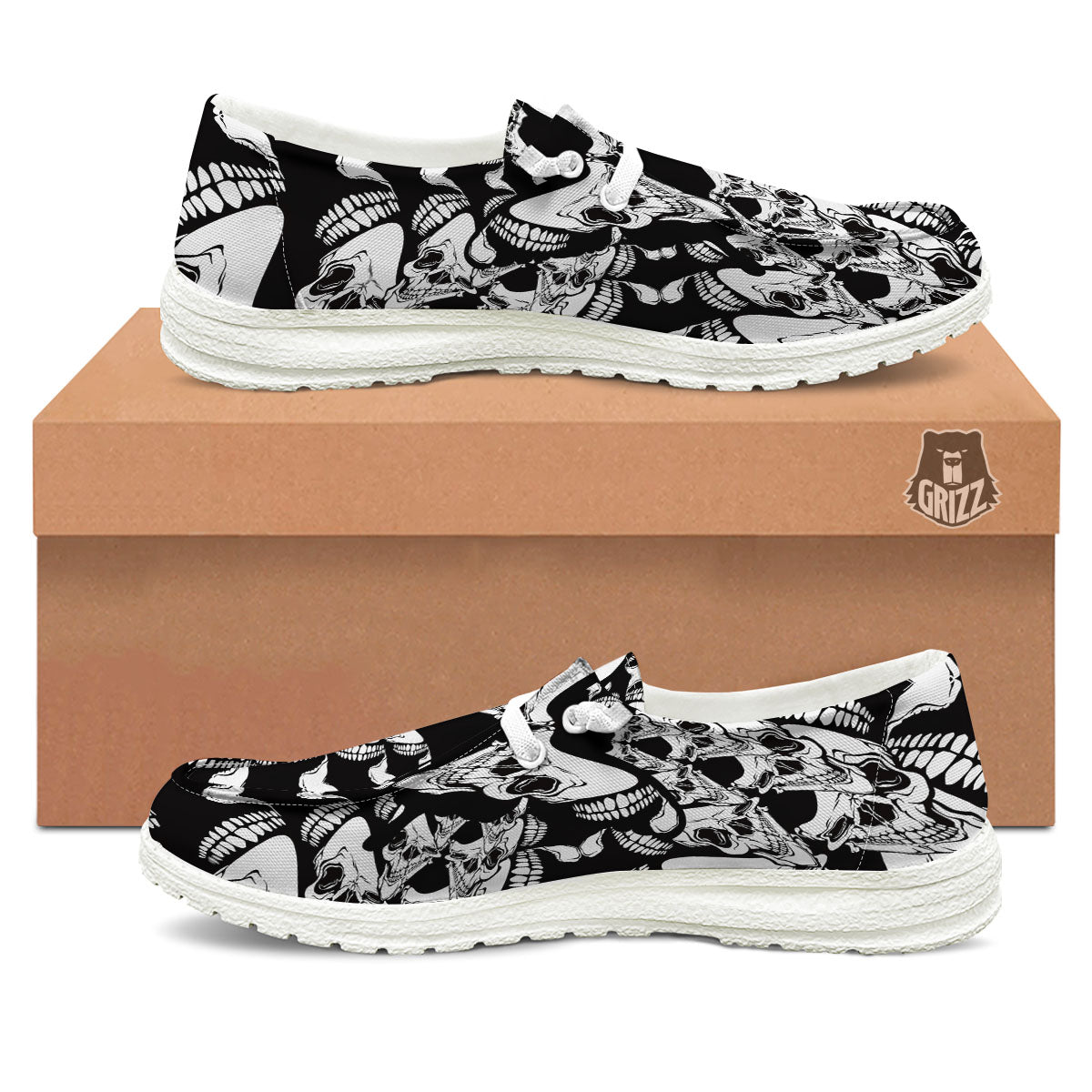 Psychedelic Black And White Skull Print White Loafers-grizzshop