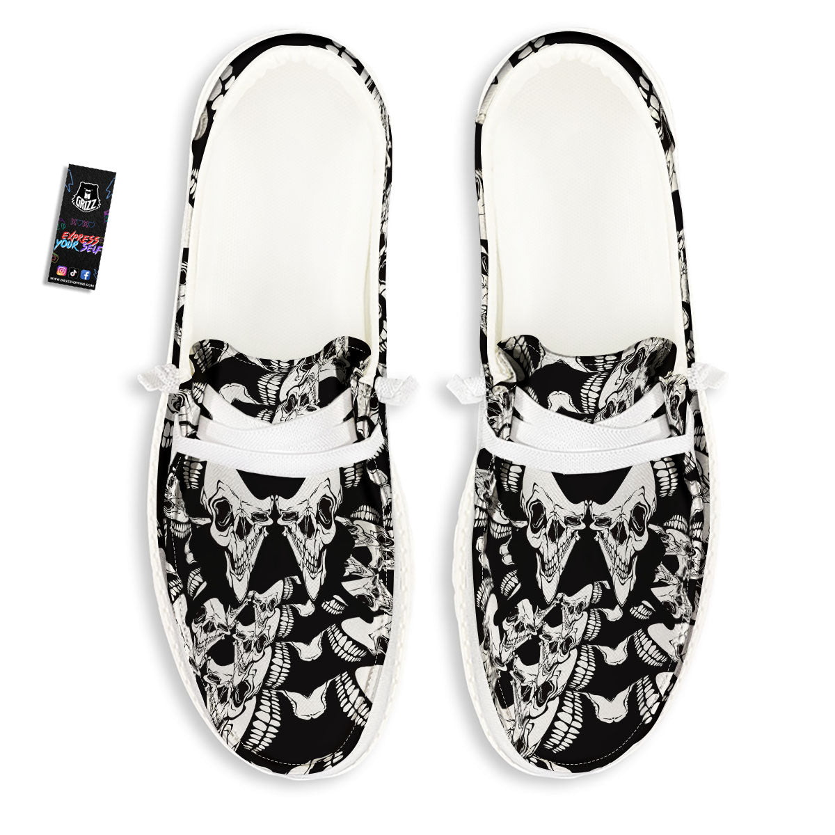 Psychedelic Black And White Skull Print White Loafers-grizzshop